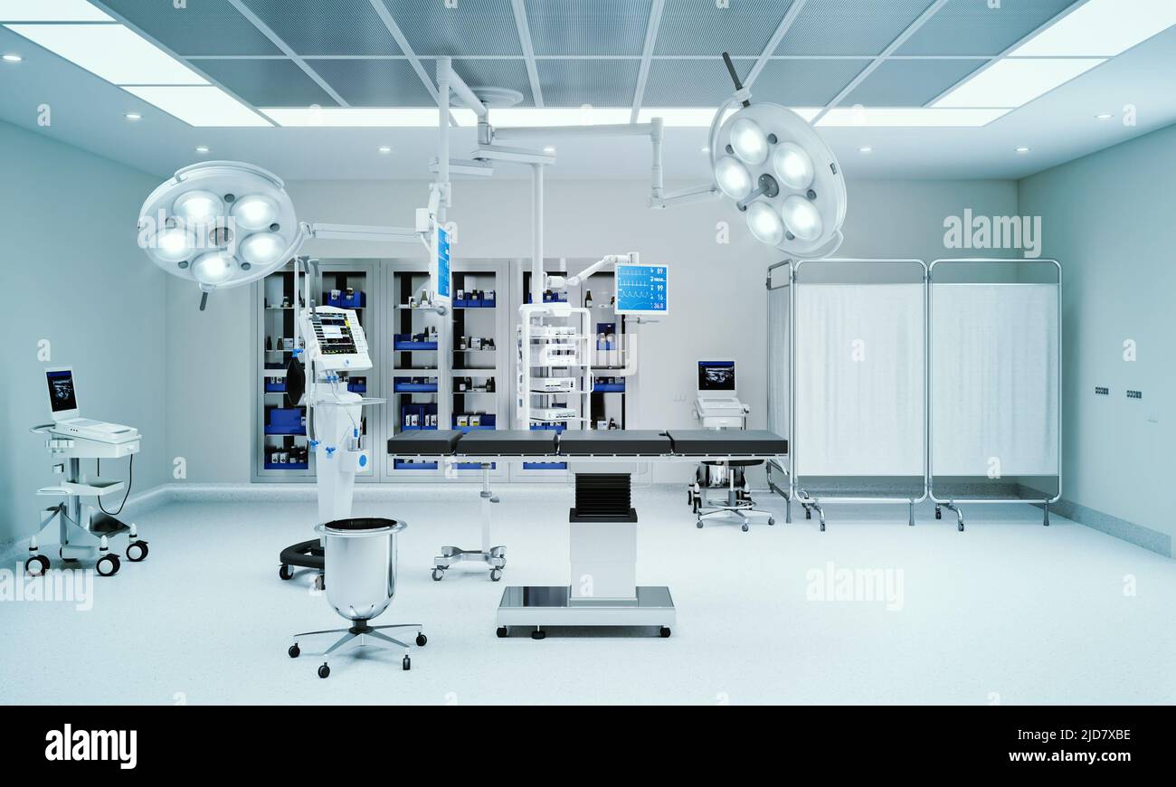 Sala operatoria vuota con apparecchiatura medica, 3D rendering Foto Stock
