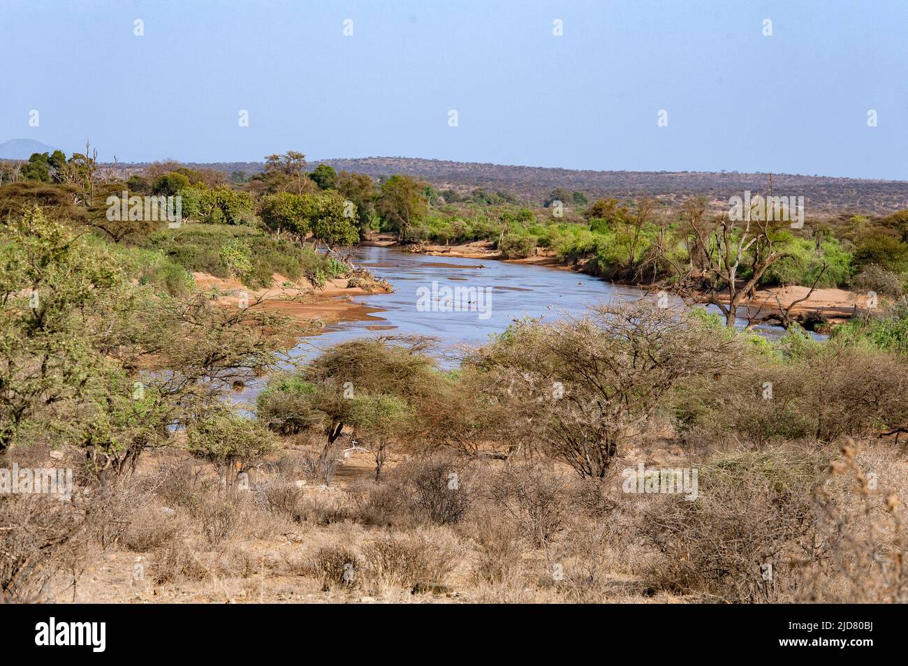 Il fiume Ewaso ng'iro galleggiante attraverso la Riserva Nazionale di Samburu, Kenya nel mese di luglio. Foto Stock