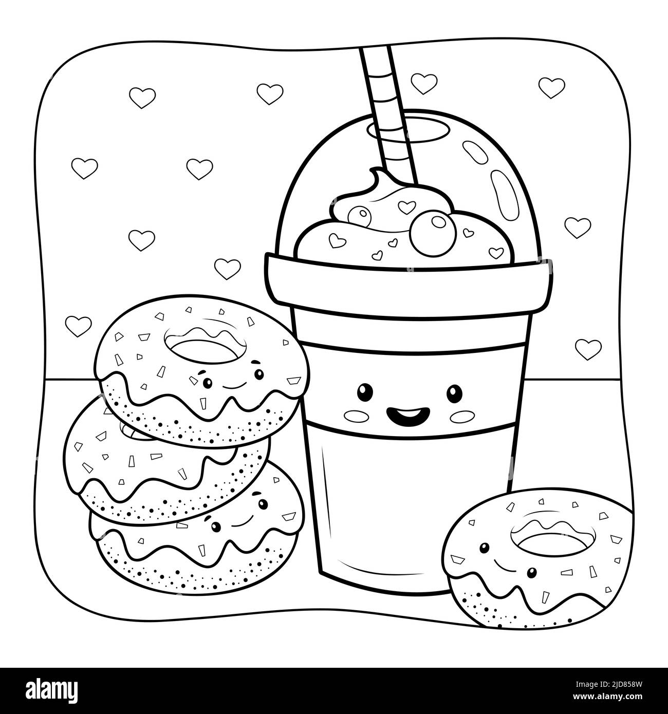 Ciambelle e bere bianco e nero. Libro da colorare o pagina da colorare per bambini. Illustrazione vettoriale dello sfondo della natura Illustrazione Vettoriale