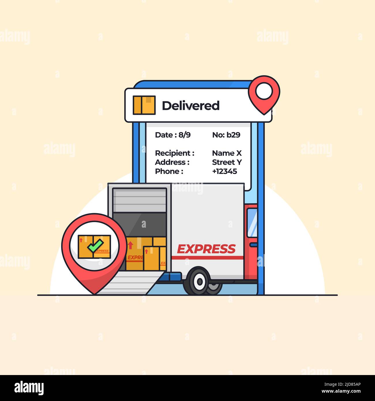 Spedizione a pieno carico consegna veicolo auto all'interno di mobile location tracker app illustrazione vettoriale Illustrazione Vettoriale