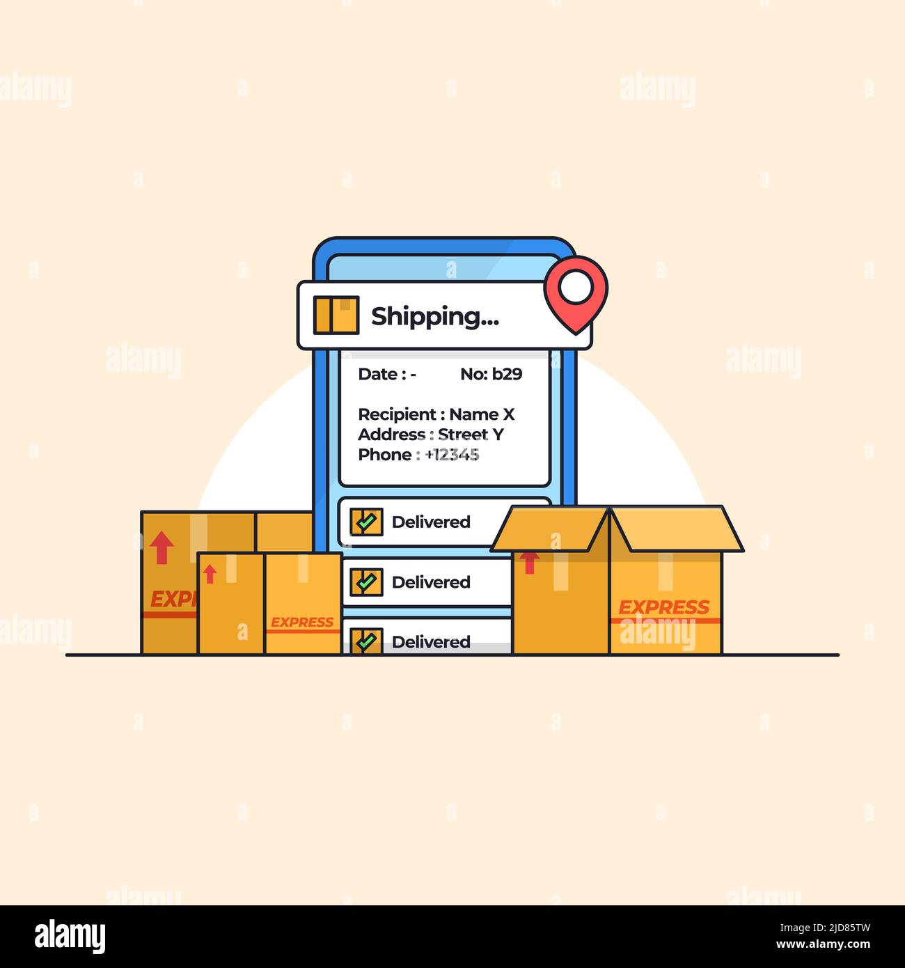 app mobile per il tracciamento delle spedizioni con scatola di consegna in cartone multipla per un'illustrazione vettoriale del servizio di spedizione moderno Illustrazione Vettoriale