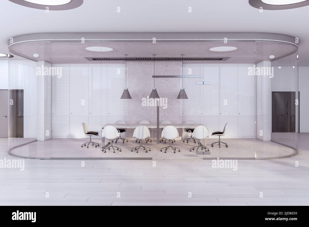 Sala riunioni moderna e luminosa a forma di capsula di vetro con sala conferenze bianca circondata da sedie con cuscini neri, pavimento in cemento e soffitto Foto Stock