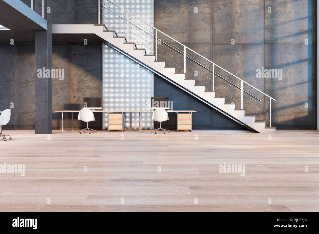 Vista frontale su soppalco interni design spazioso ufficio con grandi scale bianche, pareti in cemento e minimalistici posti di lavoro su pavimento in legno. 3D rendering Foto Stock