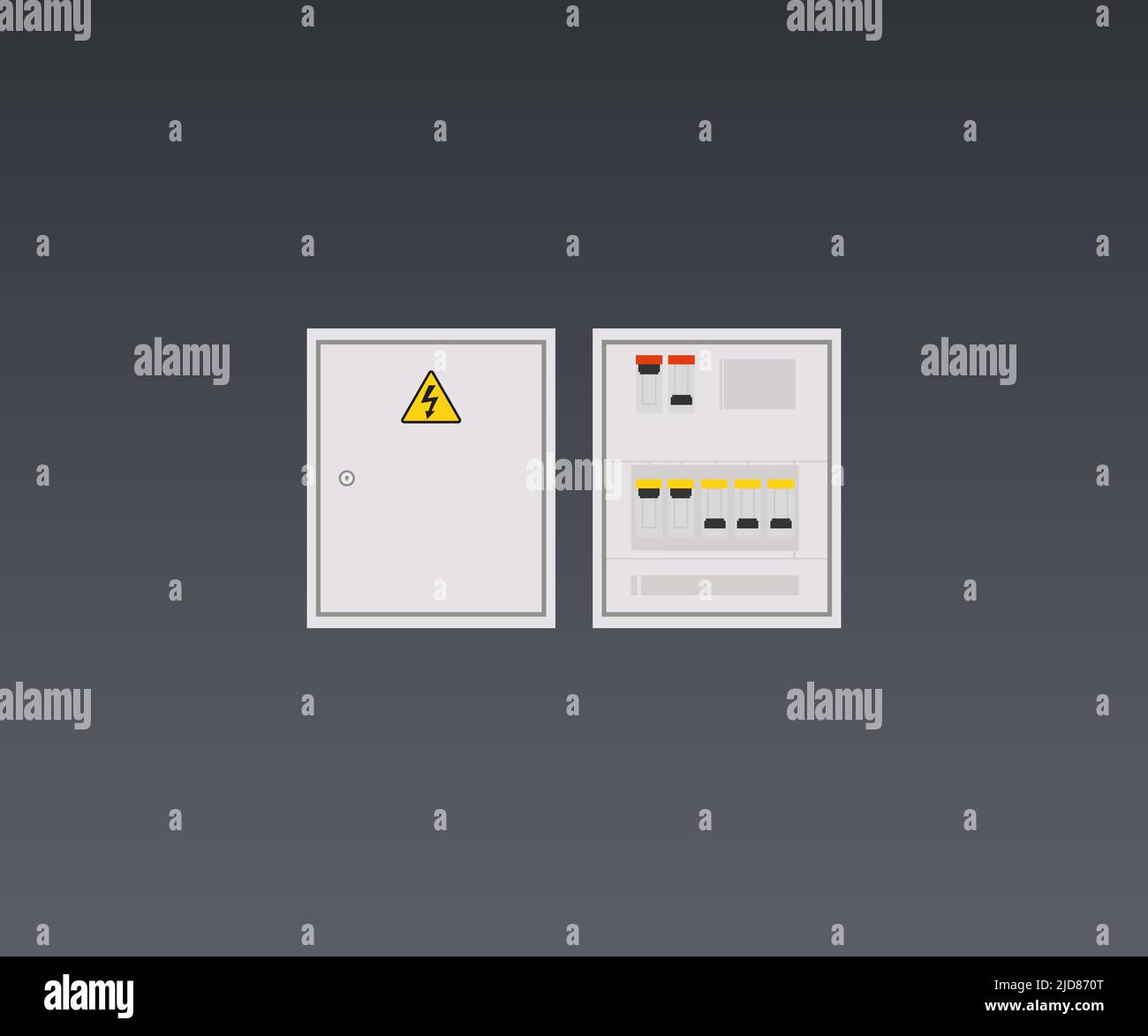 Interruttori automatici, portafusibili, scatola elettrica, logo interruttori automatici. Quadro elettrico, interruttore con fili, contatore elettrico in design vettoriale a scatola. Illustrazione Vettoriale