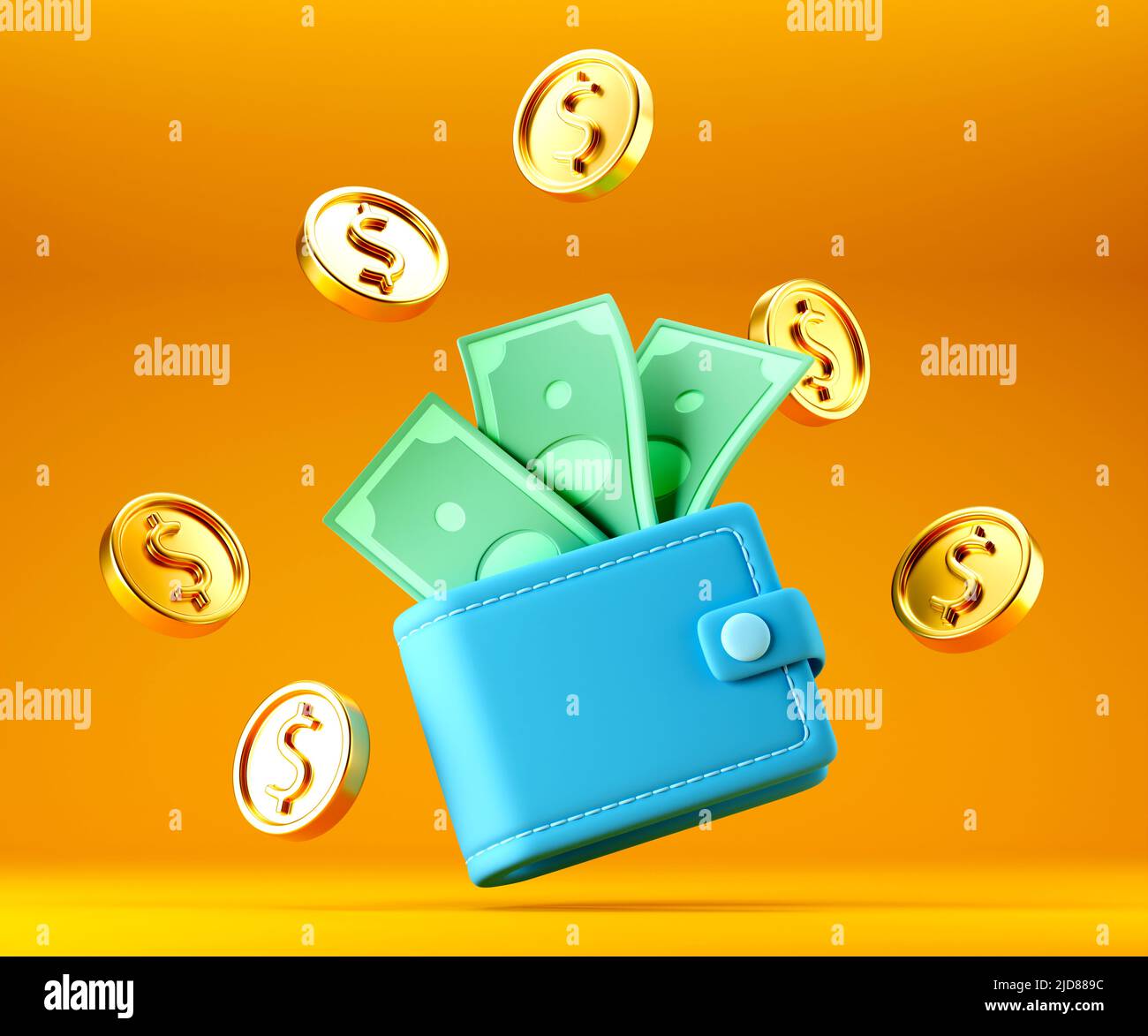 Portafoglio blu con banconote in denaro e monete in dollari d'oro su sfondo giallo Foto Stock