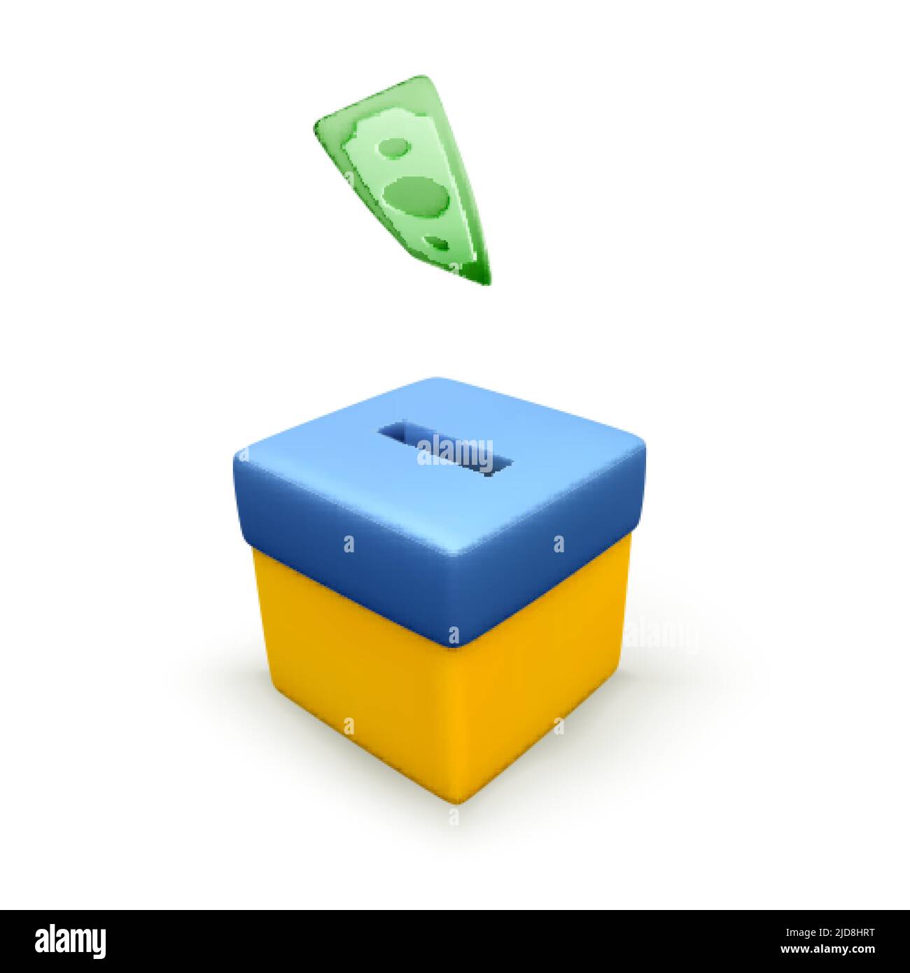 Caduta di dollari di carta verde nel colore della scatola di donazione nella bandiera Ucraina nazionale. Raccolta fondi per le vittime della guerra in Ucraina. Illustrazione vettoriale Illustrazione Vettoriale