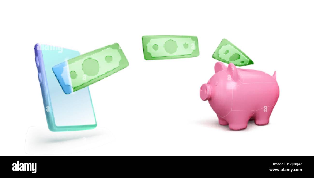 Telefono cellulare con volando carta verde dollari e Piggy banca. Modello di business per il risparmio di denaro. Concetto di banca di Piggy di deposito di denaro e di investimento per fi Illustrazione Vettoriale