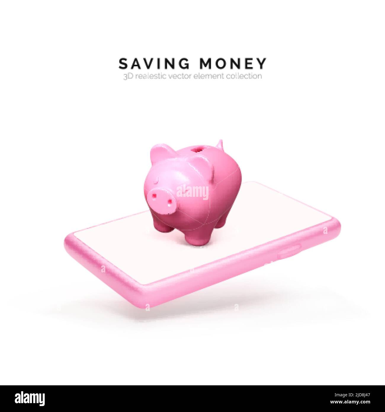 3D Banca Piggy realistico con telefono cellulare. Concetto di banca Piggy di deposito di denaro e di investimento per app o servizi finanziari. Risparmio di denaro per le aziende Illustrazione Vettoriale