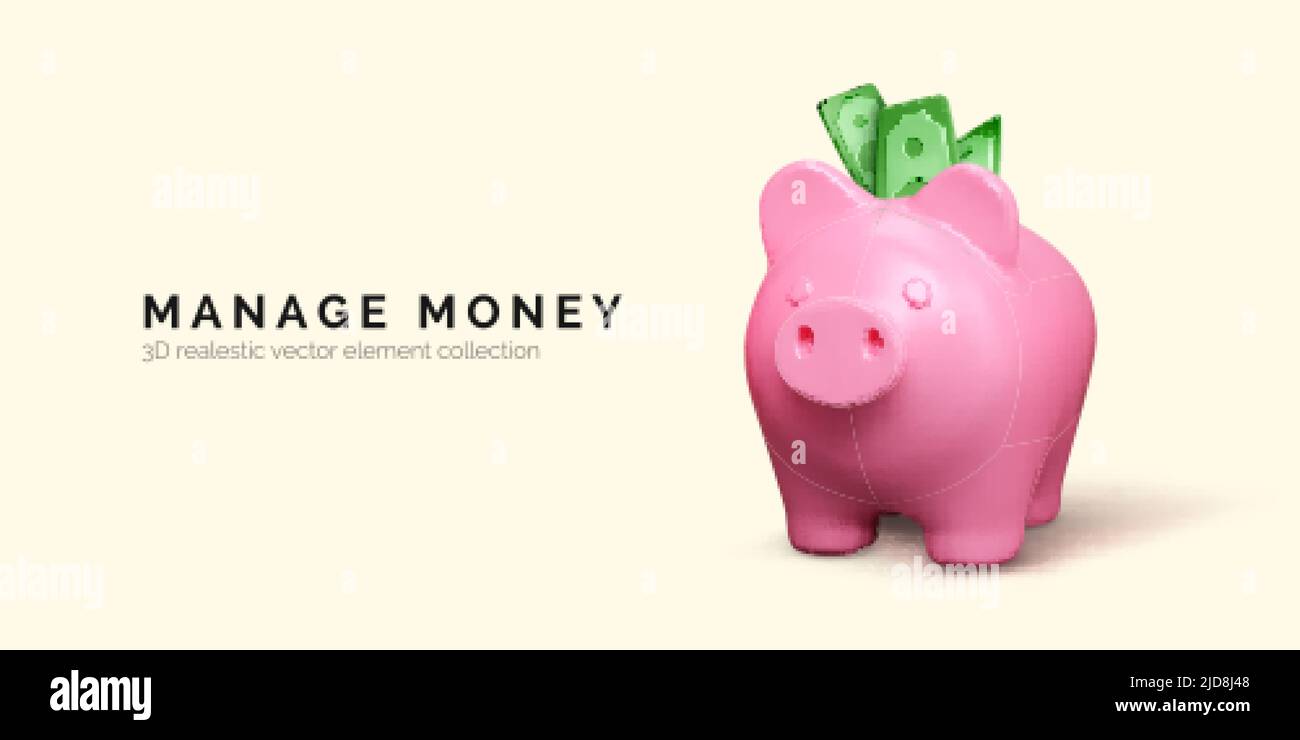3D Banca di piggy realistico. Maiale rosa isolato. Concetto di business di deposito di denaro e di investimento per banner o poster web. Illustrazione vettoriale Illustrazione Vettoriale