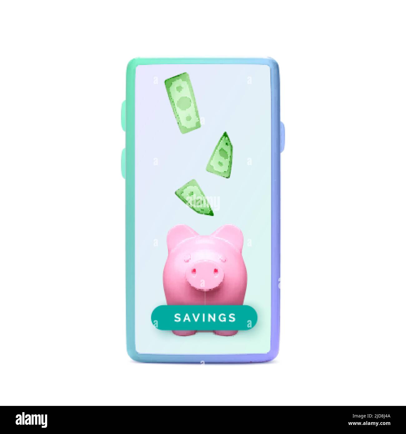 3D Banca Piggy realistico con telefono cellulare. Modello di business per il risparmio di denaro. Concetto di banca Piggy di deposito di denaro e di investimento per app o ser finanziario Illustrazione Vettoriale