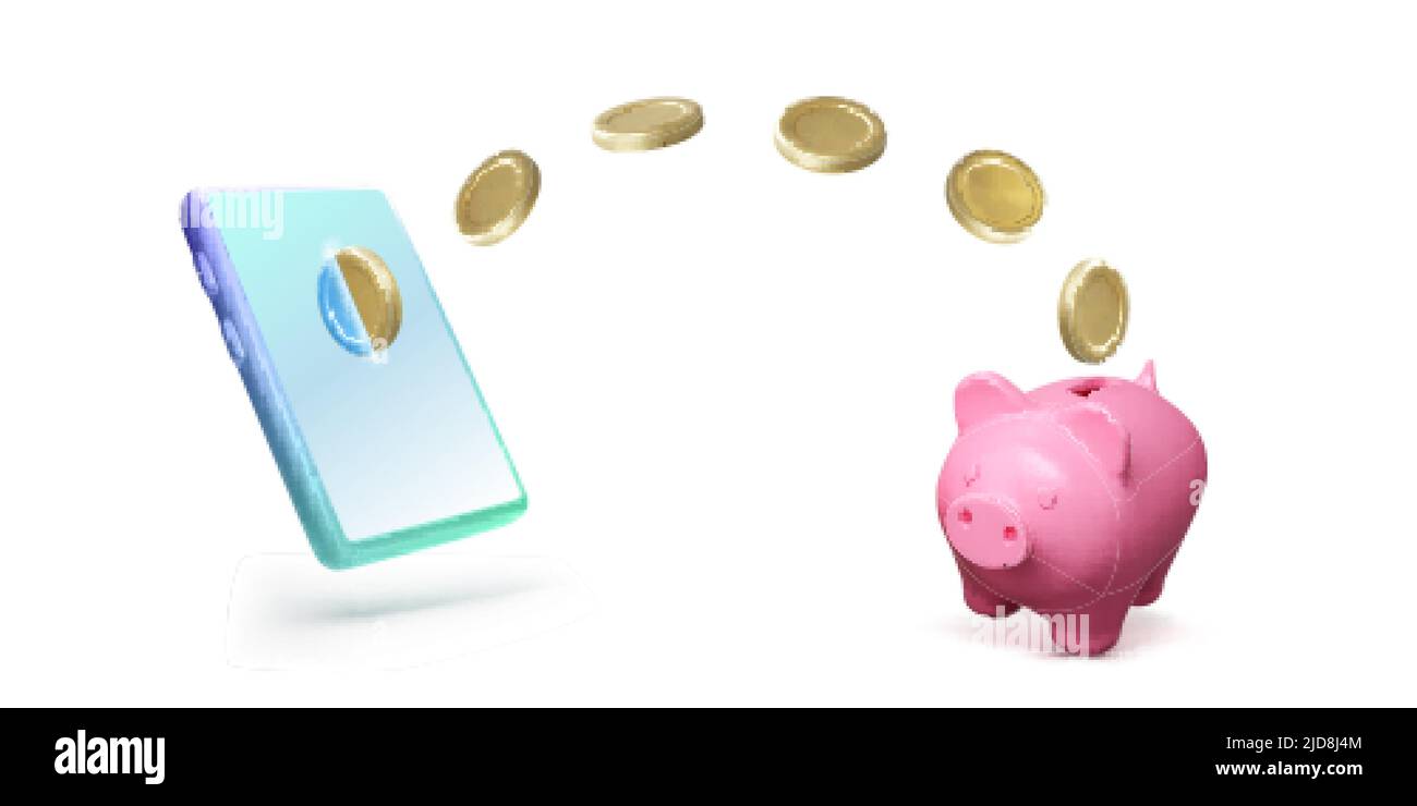 Telefono cellulare con moneta d'oro volante e banca Piggy. Modello di business per il risparmio di denaro. Concetto di banca di Piggy di deposito di denaro e di investimento per ap finanziari Illustrazione Vettoriale