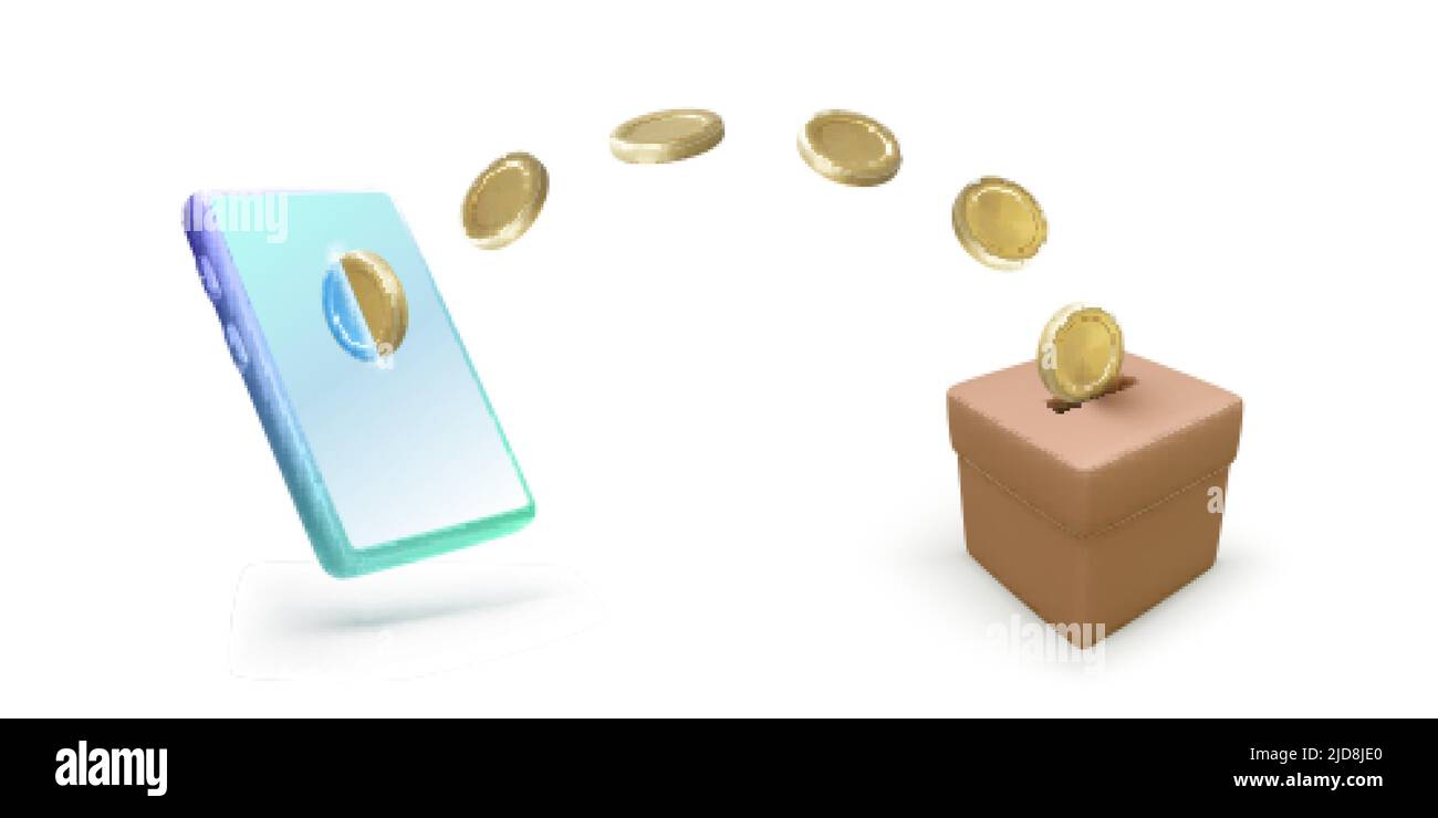 Monete d'oro cadenti dal telefono cellulare alla scatola di donazione isolata su sfondo bianco. Banner o modello per app mobile o servizio di donazione online. VECTO Illustrazione Vettoriale