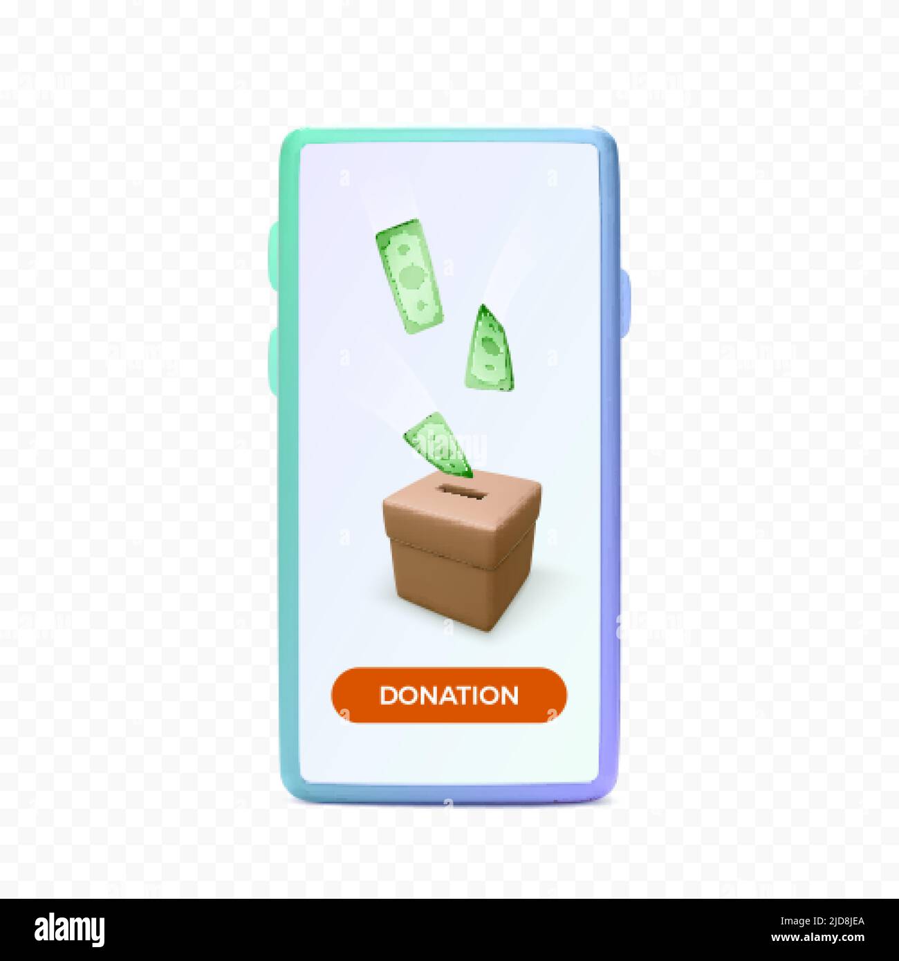 3D scatola di donazione realistica con telefono cellulare. Concetto di beneficenza e donazione per app mobile o servizio online. Illustrazione vettoriale Illustrazione Vettoriale