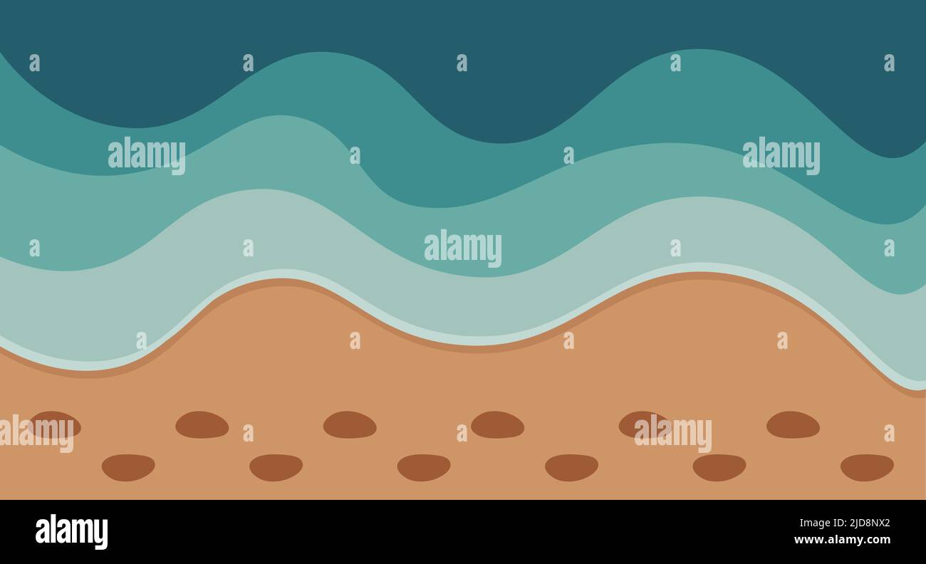 Panorama di lunga spiaggia sabbiosa con impronte umane. Onda di mare blu o oceano si sposta a spiaggia di sabbia. Strati di onde di mare. Vacanze estive, orizzontali Illustrazione Vettoriale