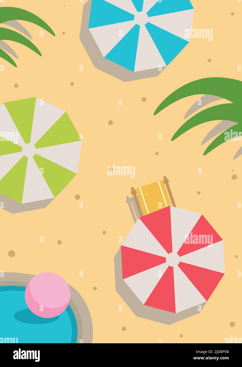 Vista dall'alto sullo sfondo della spiaggia. Design luminoso e alla moda per la stagione estiva, le vacanze, i viaggi. Illustrazione vettoriale in stile piatto. Spiaggia di sabbia soleggiata con colori Illustrazione Vettoriale