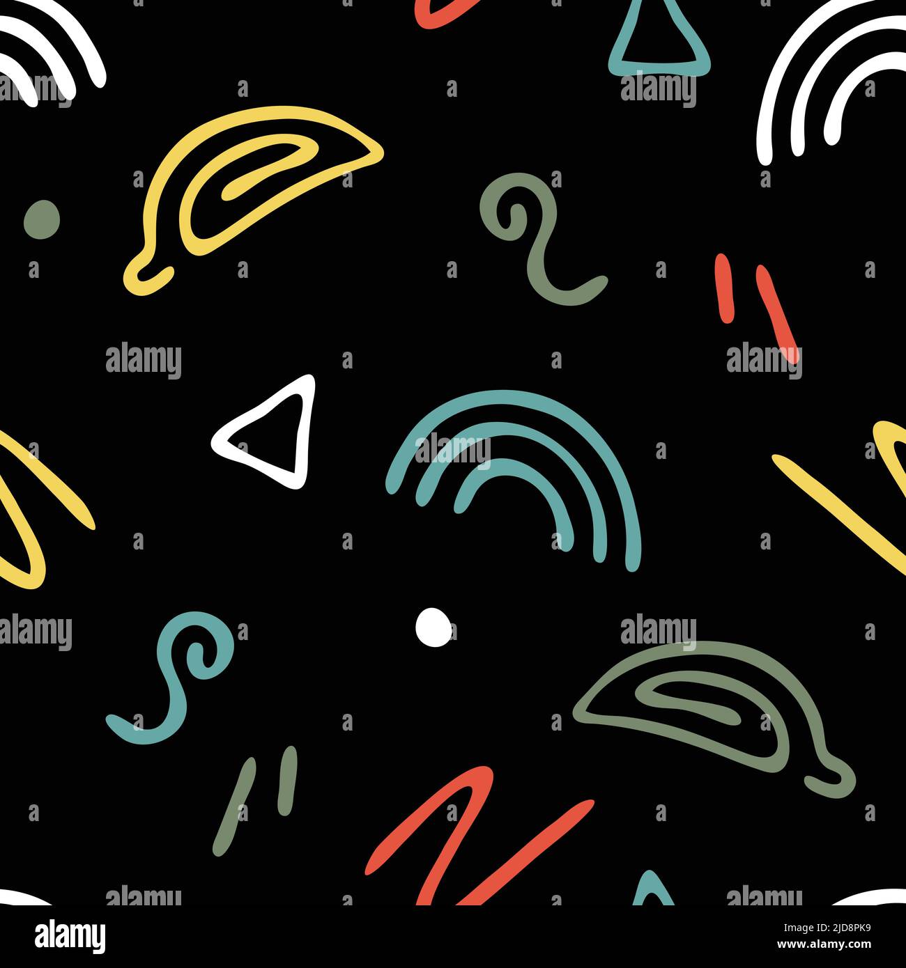 Pattern vettoriale senza cuciture con colori spenti su sfondo nero. Semplice disegno a mano dello schizzo di carta da parati. Tessuto decorativo alla moda retrò. Illustrazione Vettoriale