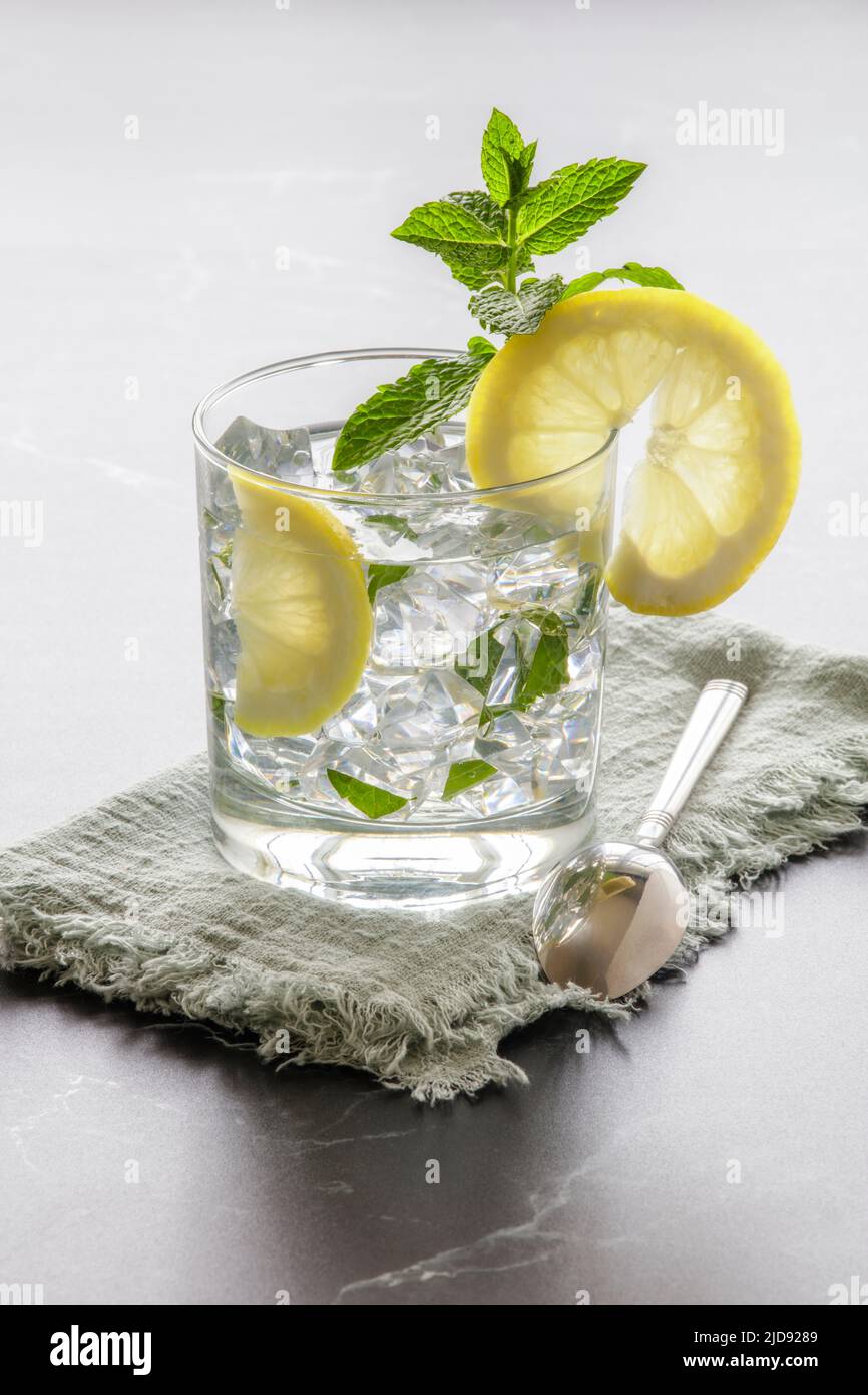 Rinfrescante acqua di limone ghiacciata con menta Foto Stock