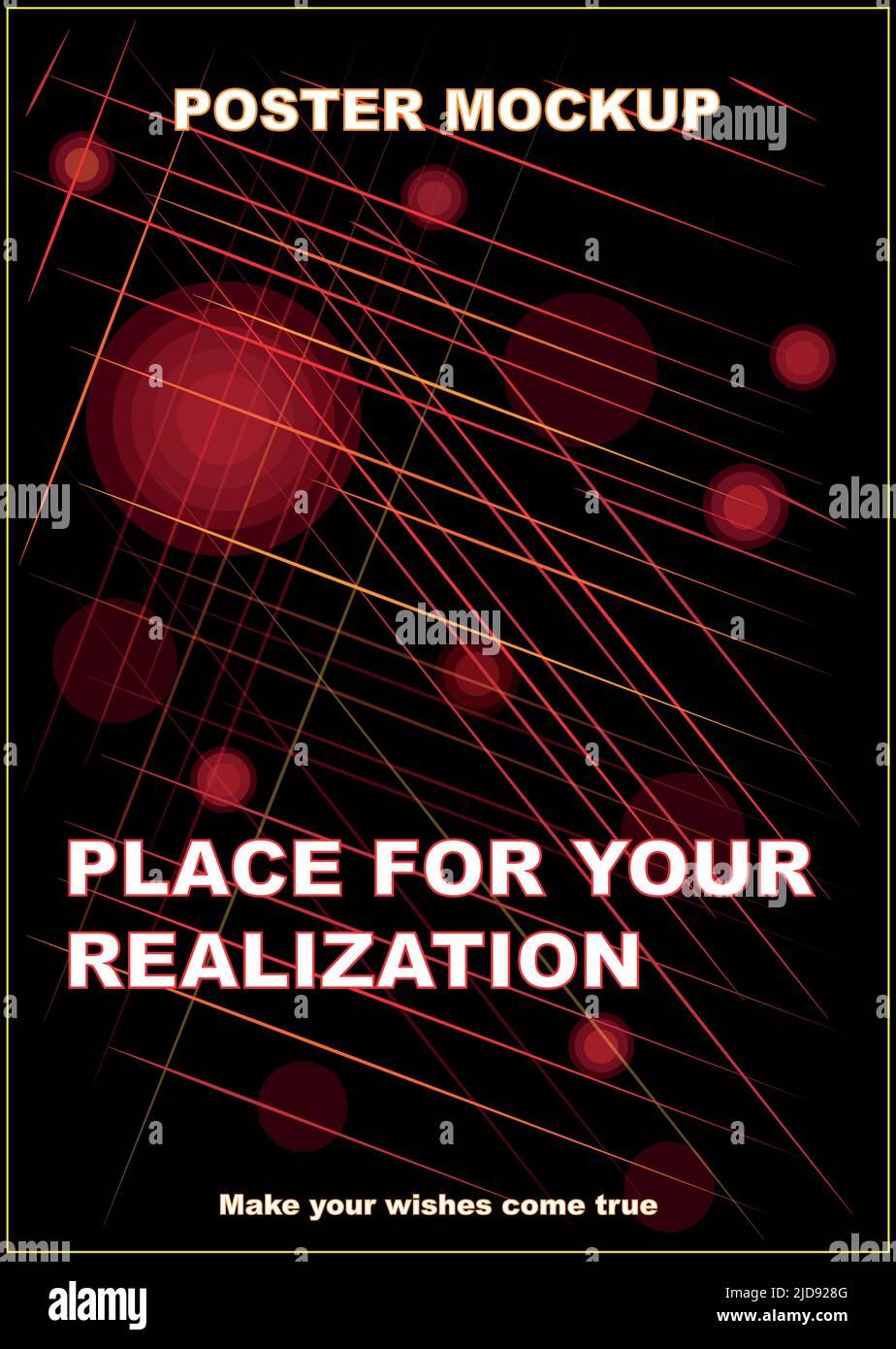 Questo poster mockup è possibile utilizzare per qualsiasi decorazione e pubblicità di design. Su sfondo nero, fili di colore rosso, arancione e giallo si intersecano, tra Illustrazione Vettoriale