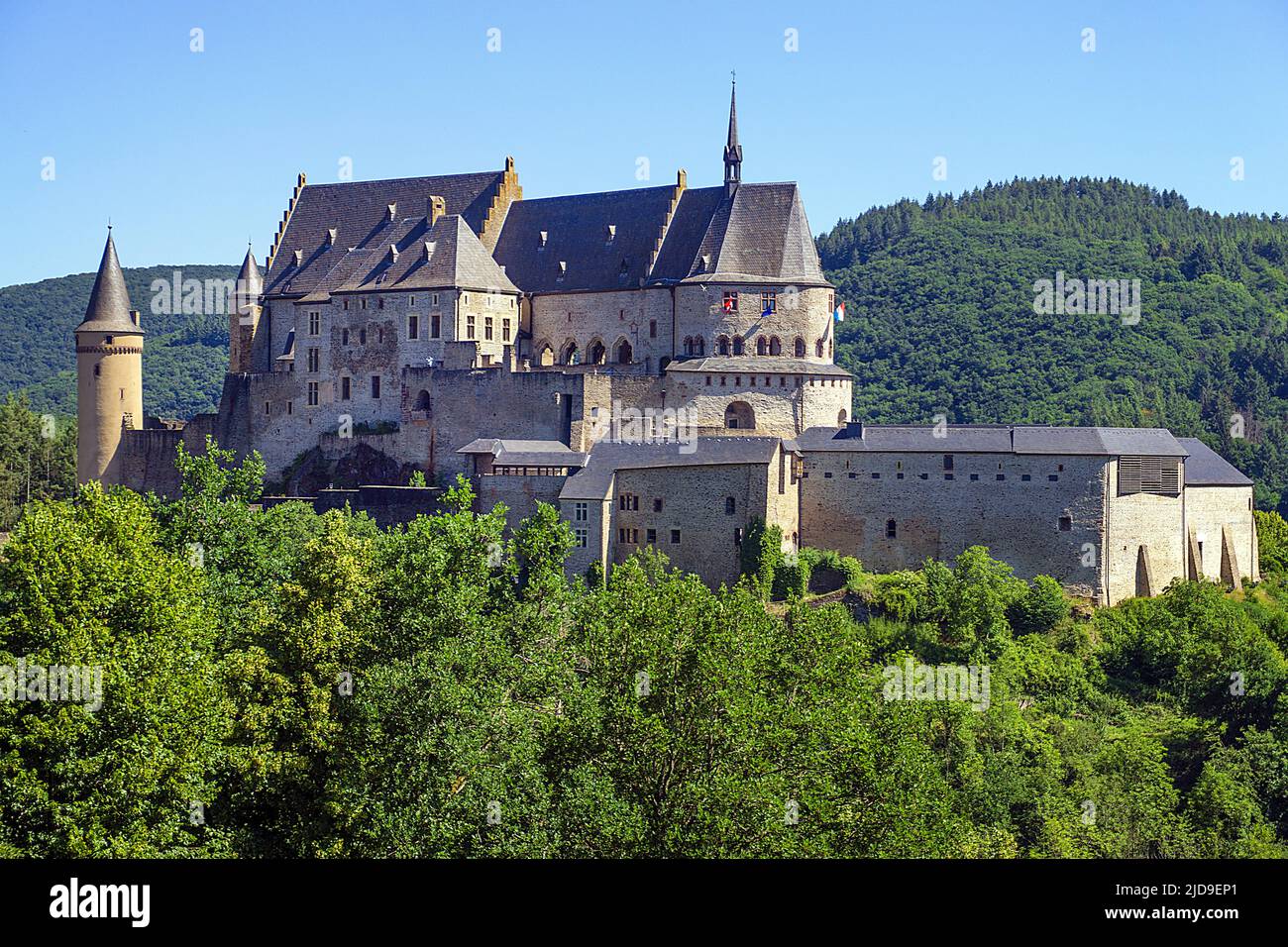 Castello di Vianden, Cantone di Vianden, Granducato di Lussemburgo, Europa Foto Stock