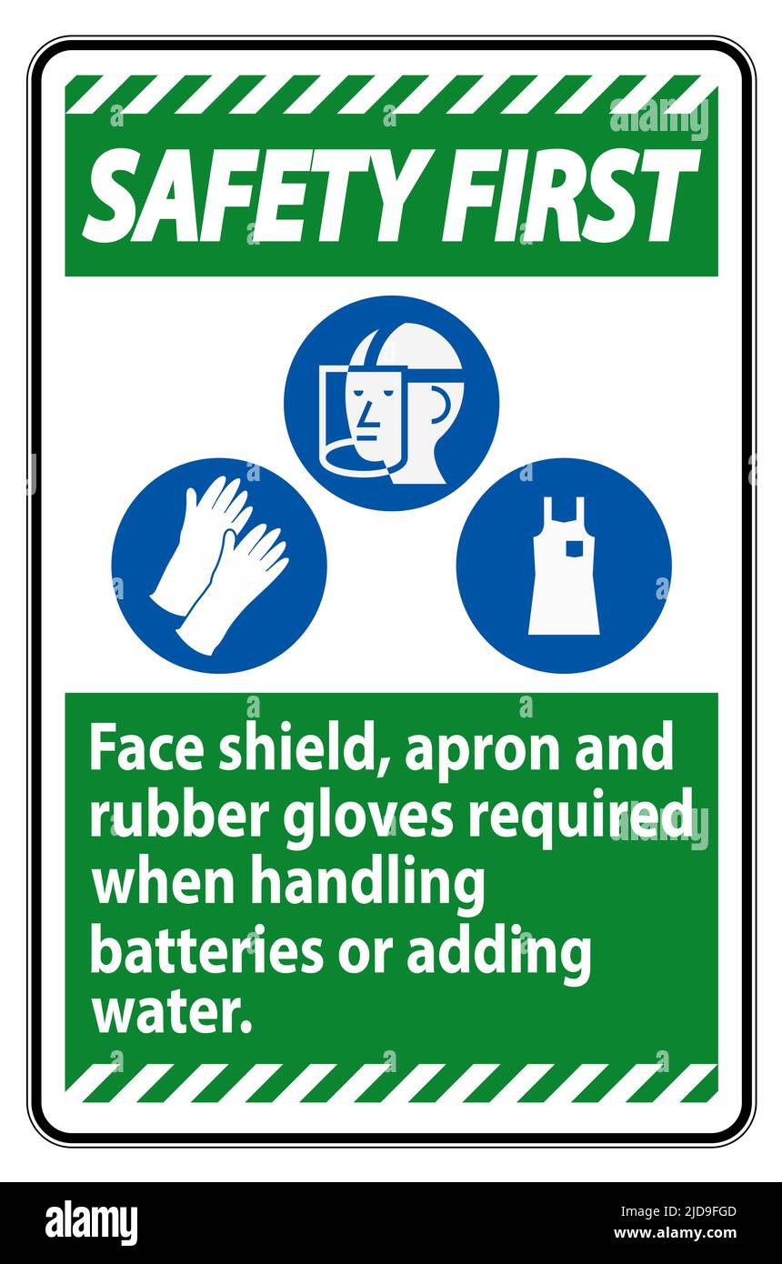I guanti di sicurezza First Sign Face Shield, grembiule e gomma sono necessari quando si maneggiano le batterie o si aggiungono acqua con i simboli DPI Illustrazione Vettoriale