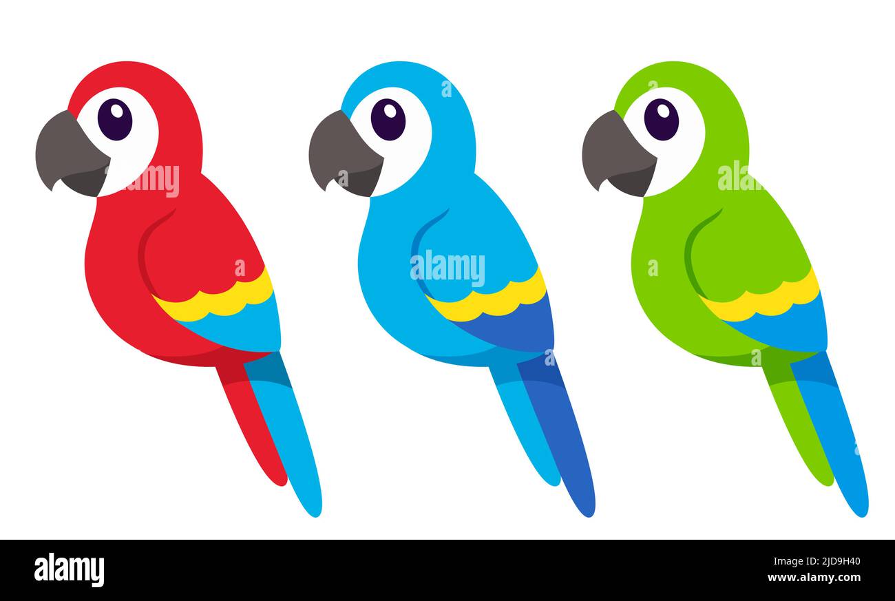 Carino disegno di pappagalli di macaw del cartone animato. Uccelli tropicali rossi, blu e verdi. Set di illustrazioni con icone vettoriali semplici e piatte. Illustrazione Vettoriale