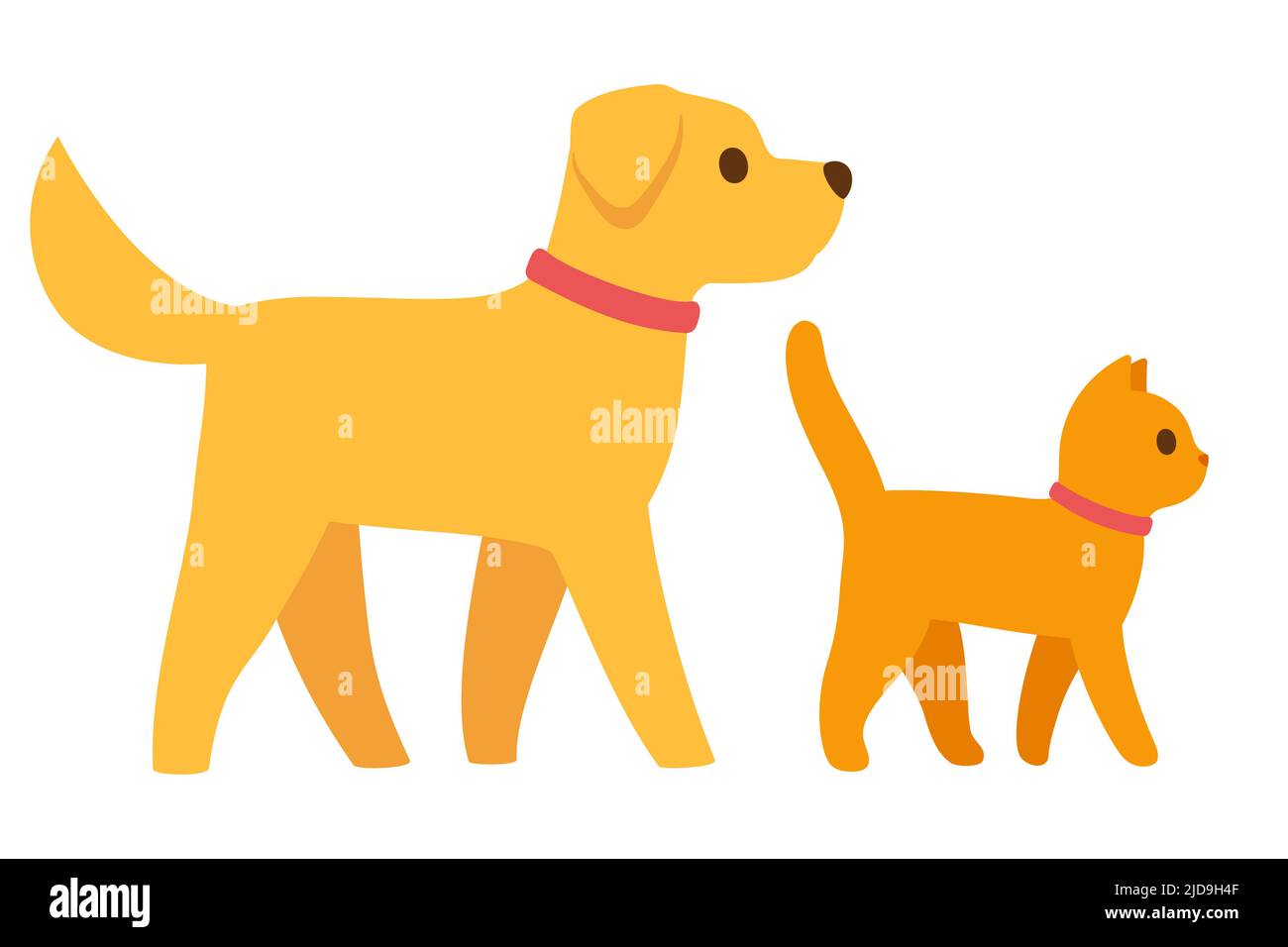 Cartone animato gatto e cane camminare insieme, semplice icona cartoon piatto. Golden labrador e ginger kitty. Carino illustrazione grafica di clip vettoriale. Illustrazione Vettoriale