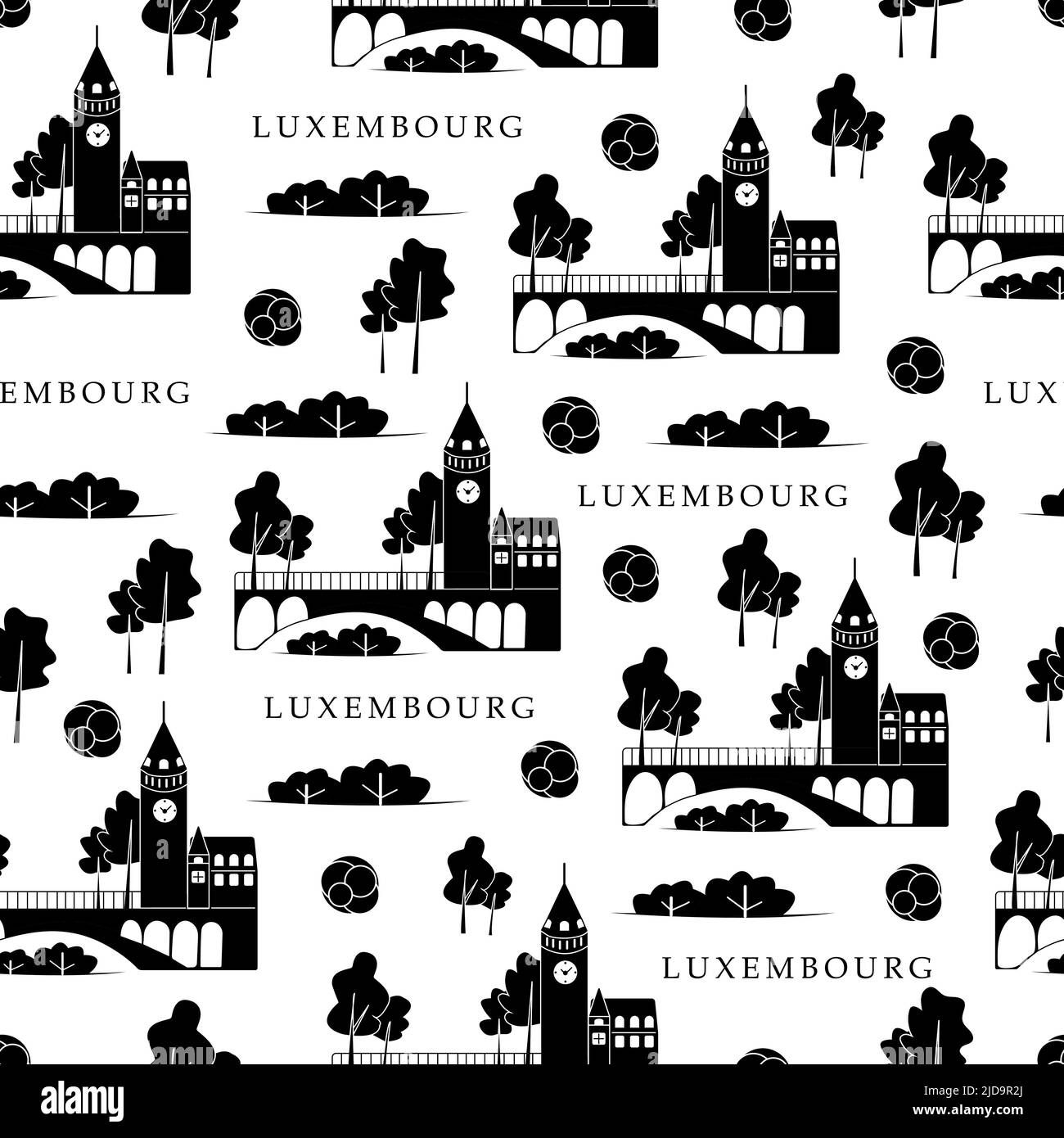 Capitali europee, Lussemburgo. Illustrazione in bianco e nero Illustrazione Vettoriale