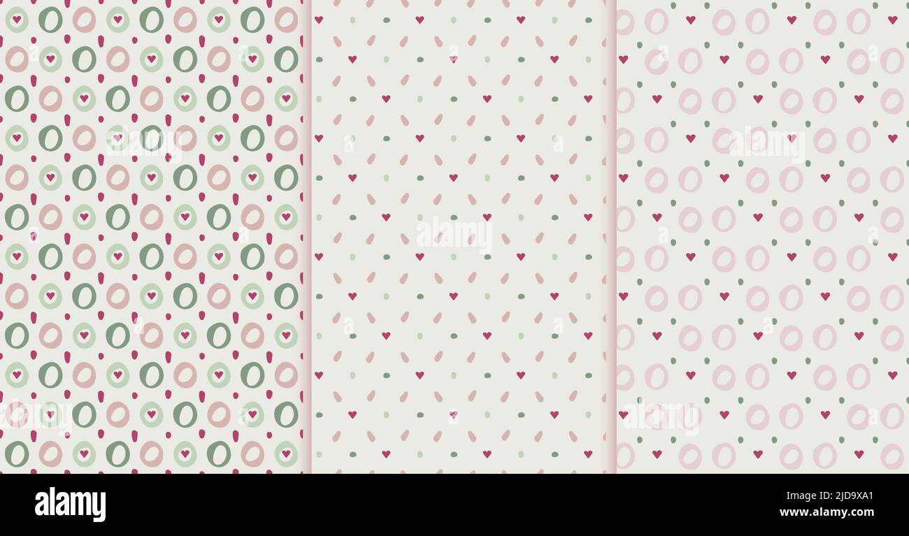 Modelli senza cuciture per bambini, set di 3. Cerchio, cuore, forma a punti disegnati a mano. Griglia geometrica verticale diagonale. Tonalità rosa verde pastello Illustrazione Vettoriale