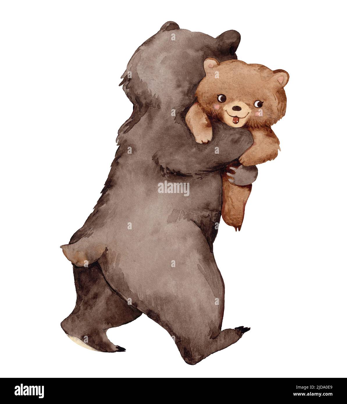 Illustrazione acquerello con orso madre marrone ed il suo cucciolo del bambino. Biglietto di auguri per la madre con animale carino. Tessera giorno madri Foto Stock
