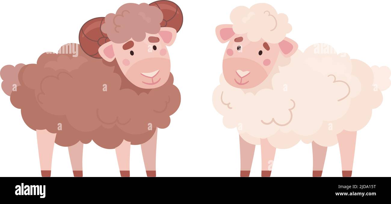 Ariete e pecore soffici, illustrazione vettoriale animale in stile cartone animato. Set di animali da fattoria carini. Illustrazione Vettoriale