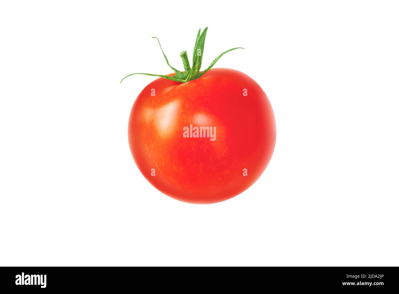 Pomodoro rosso vegetale intero con coda verde isolato su bianco. Solanum lycopersicum frutta matura. Foto Stock