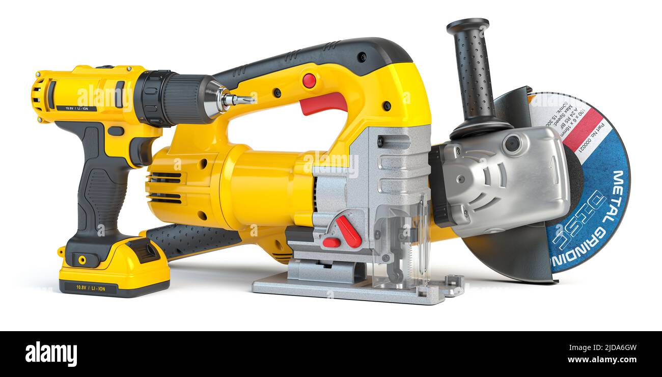 Utensili elettrici per la costruzione manuale isolati su bianco. Trapano, seghetto alternativo e smerigliatrice angolare. 3d illustrazione Foto Stock