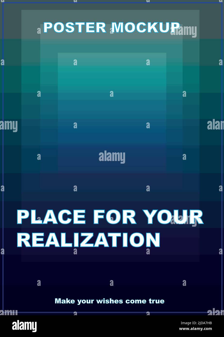 Poster mockup per pubblicità di design post. Le sfumature di blu e ciano creano l'effetto dell'acqua. Più ci si va nel profondo dei nostri obiettivi, più Illustrazione Vettoriale