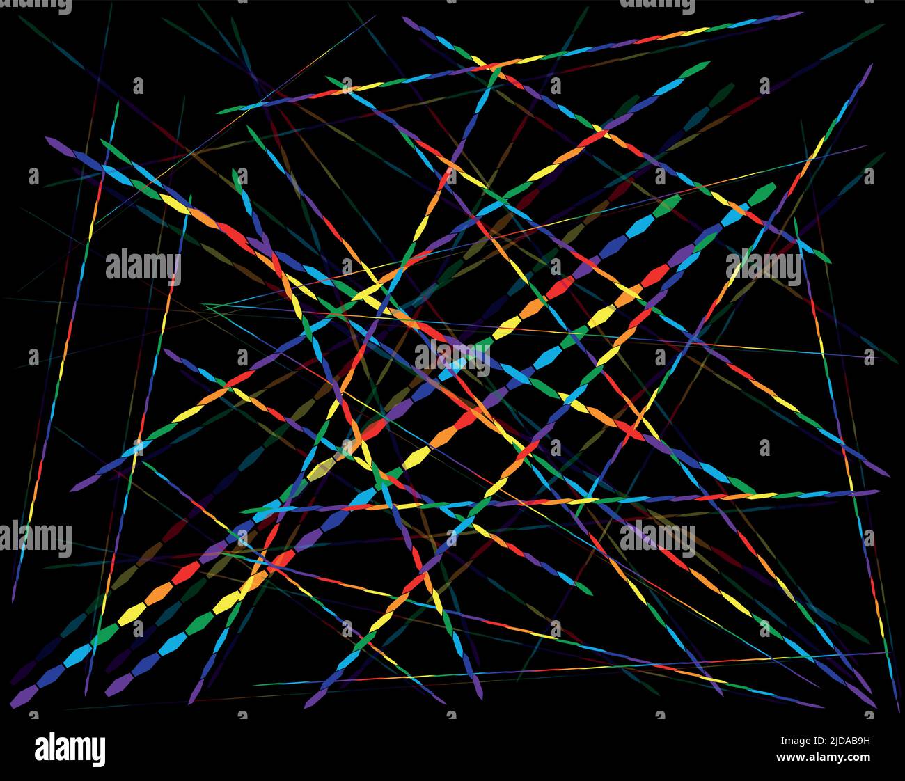Sfondo per qualsiasi tipo di disegno. Su un campo nero, i fili iridescenti creano una rete di toni da traslucidi a luminosi. Illustrazione Vettoriale