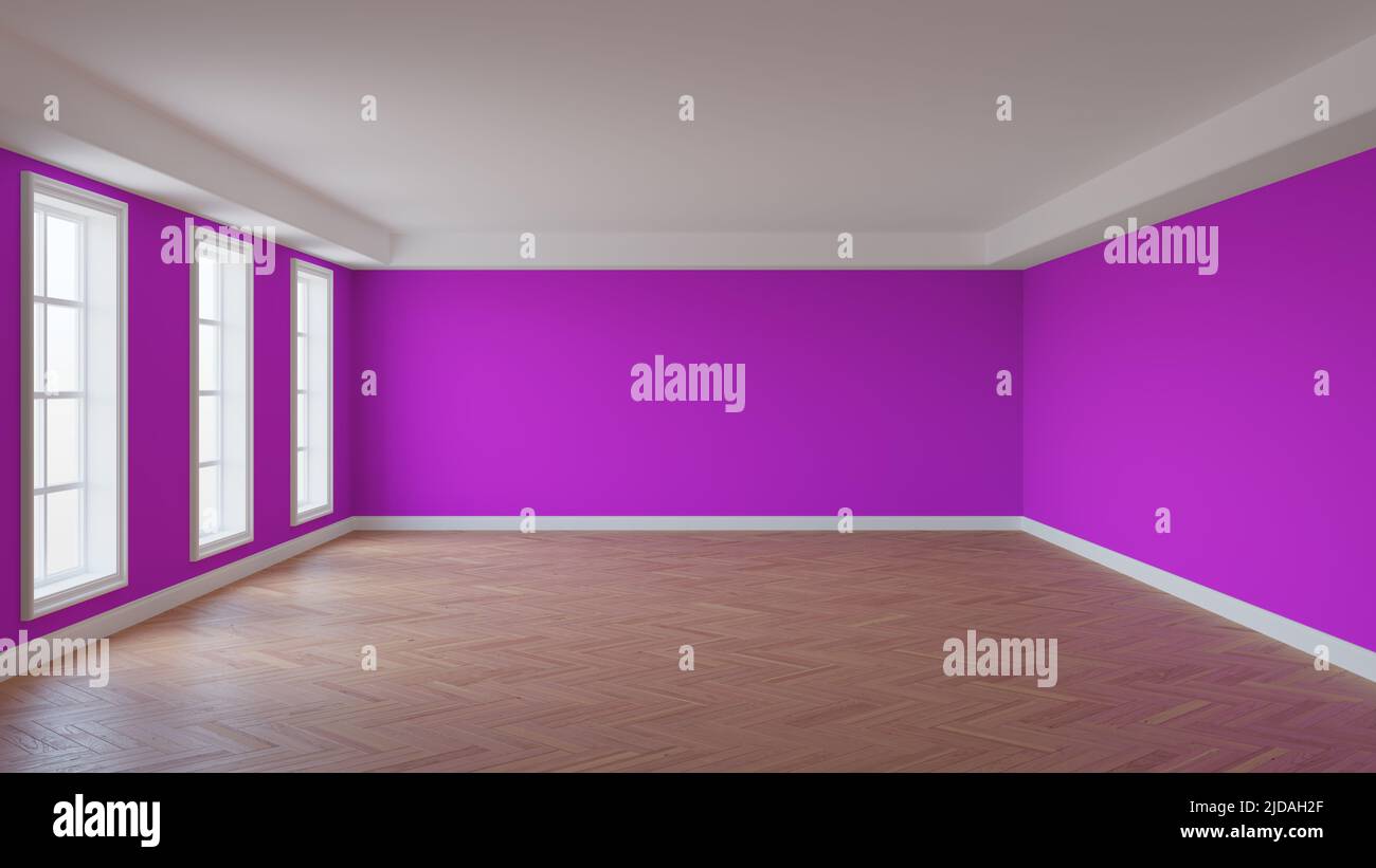 Interno vuoto, stanza con pareti rosa, soffitto bianco e cornicione, tre grandi finestre, pavimento in parquet di herringbone lucido e un Plinth bianco. Bella R. Foto Stock