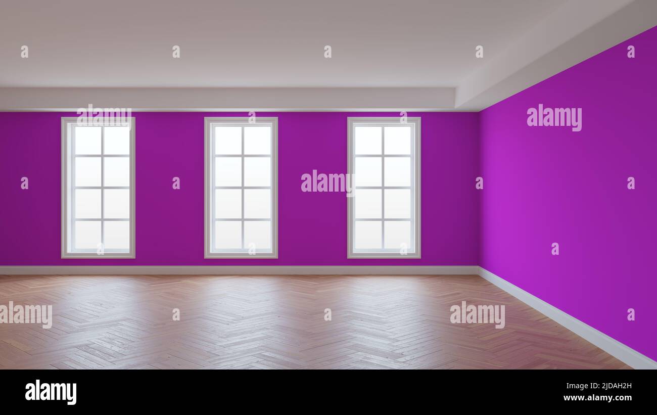 Interno vuoto con pareti rosa, soffitto bianco e Conrnice, tre grandi finestre, parquet a spina di pesce e un Plinth bianco. Bellissimo concetto di Foto Stock