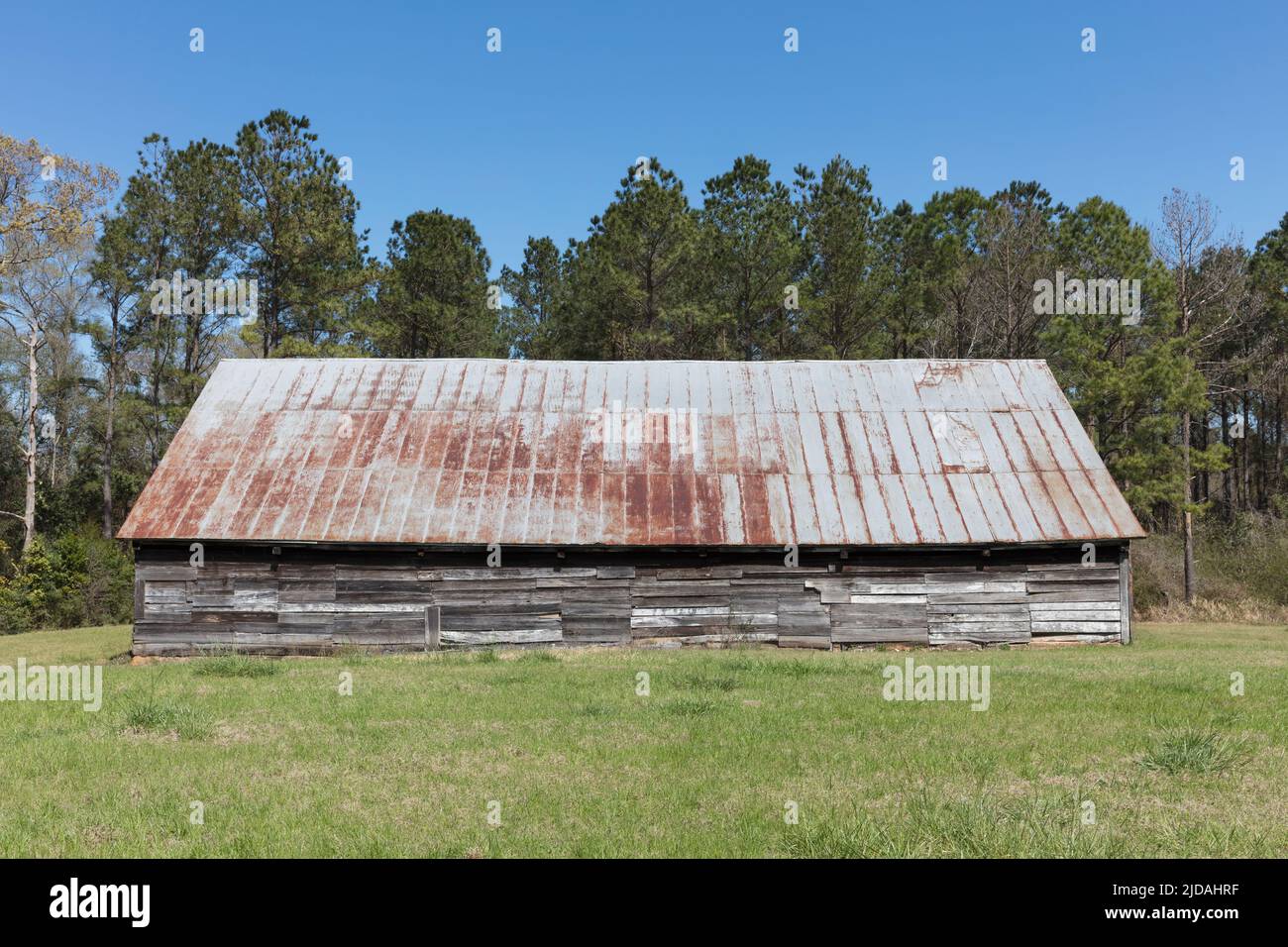 Edificio remoto, un fienile con un tetto arrugginito in un campo. Foto Stock