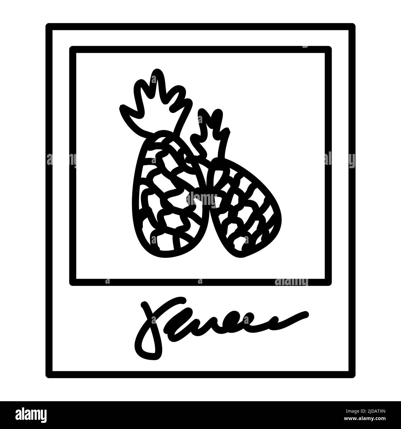 Cute foto ricordo cornice da vacanza. Foto istantanea della fotocamera di ananas per album fotografico di viaggio. Divertente disegno minimalista. Illustrazione Vettoriale