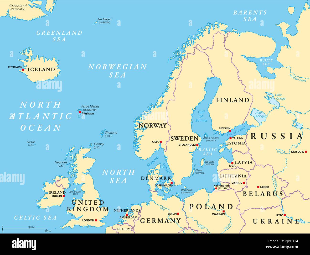 Europa settentrionale, mappa politica. Isole britanniche, Fennoscandia, penisola dello Jutland, pianura baltica a est, e isole al largo della terraferma Europa. Foto Stock