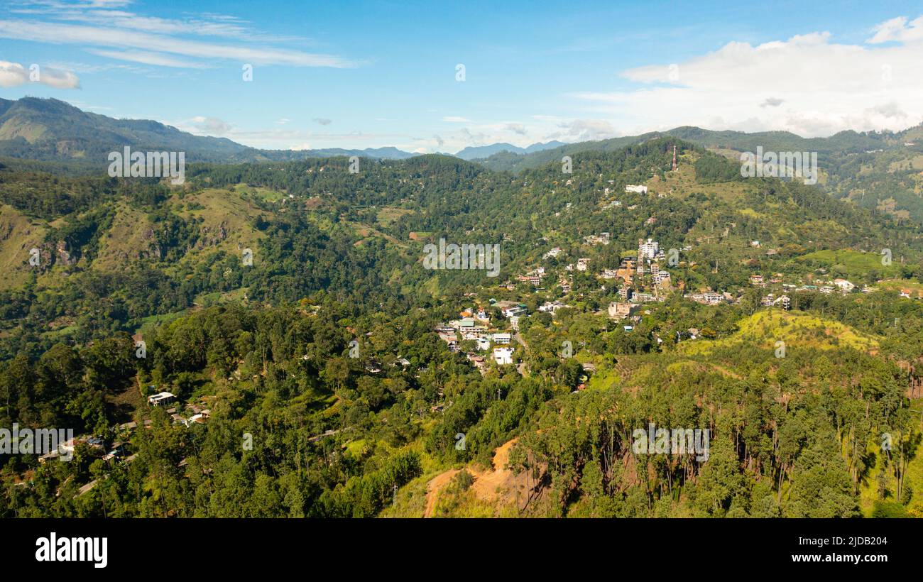 Vista dall'alto delle terre agricole e delle tenute di tè tra le colline delle montagne. Ella, Sri Lanka. Foto Stock