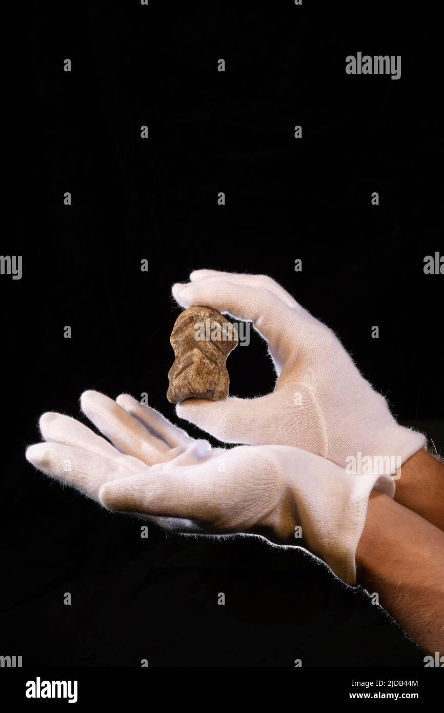 Si tratta di una fotografia delle mani di uno scienziato che tiene l'osso del cervo gigante o 'Megaloceros', con l'incisione Neanderthal intagliata. Th... Foto Stock