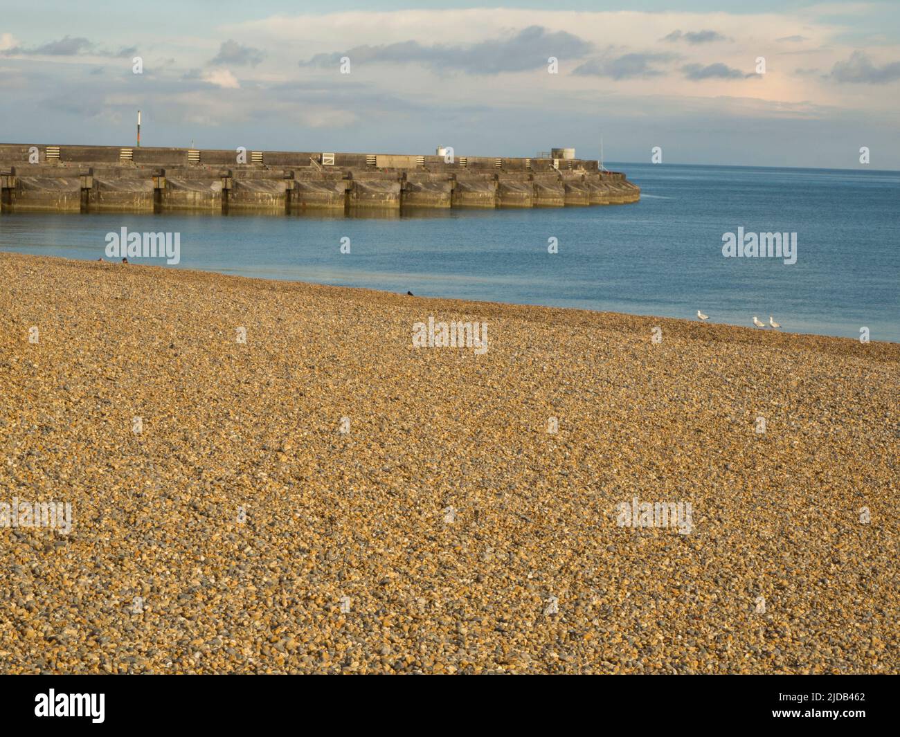 Vista della spiaggia di Brighton e delle difese marittime verso la Marina al tramonto; Brighton, East Sussex, Inghilterra Foto Stock