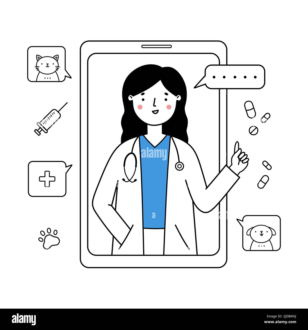 Veterinario femminile che dà una consultazione online. Assistenza medica per gli animali domestici utilizzando uno smartphone. Chiamata via Internet con un medico in un'applicazione mobile. Concetto di assistenza sanitaria. Illustrazione del doodle vettoriale Illustrazione Vettoriale Veterinario femminile che dà una consultazione online. Assistenza medica per gli animali domestici utilizzando uno smartphone. Chiamata via Internet con un medico in un'applicazione mobile. Concetto di assistenza sanitaria. Illustrazione del doodle vettoriale Illustrazione Vettoriale