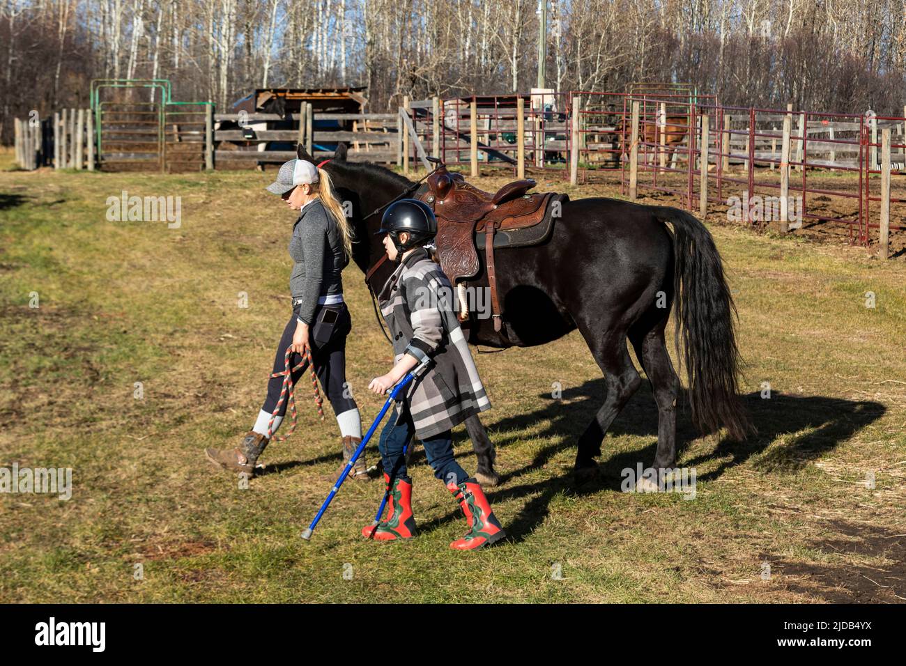 Un allenatore che lavora con una giovane ragazza con paralisi cerebrale durante una sessione di ippoterapia; Westlock, Alberta, Canada Foto Stock