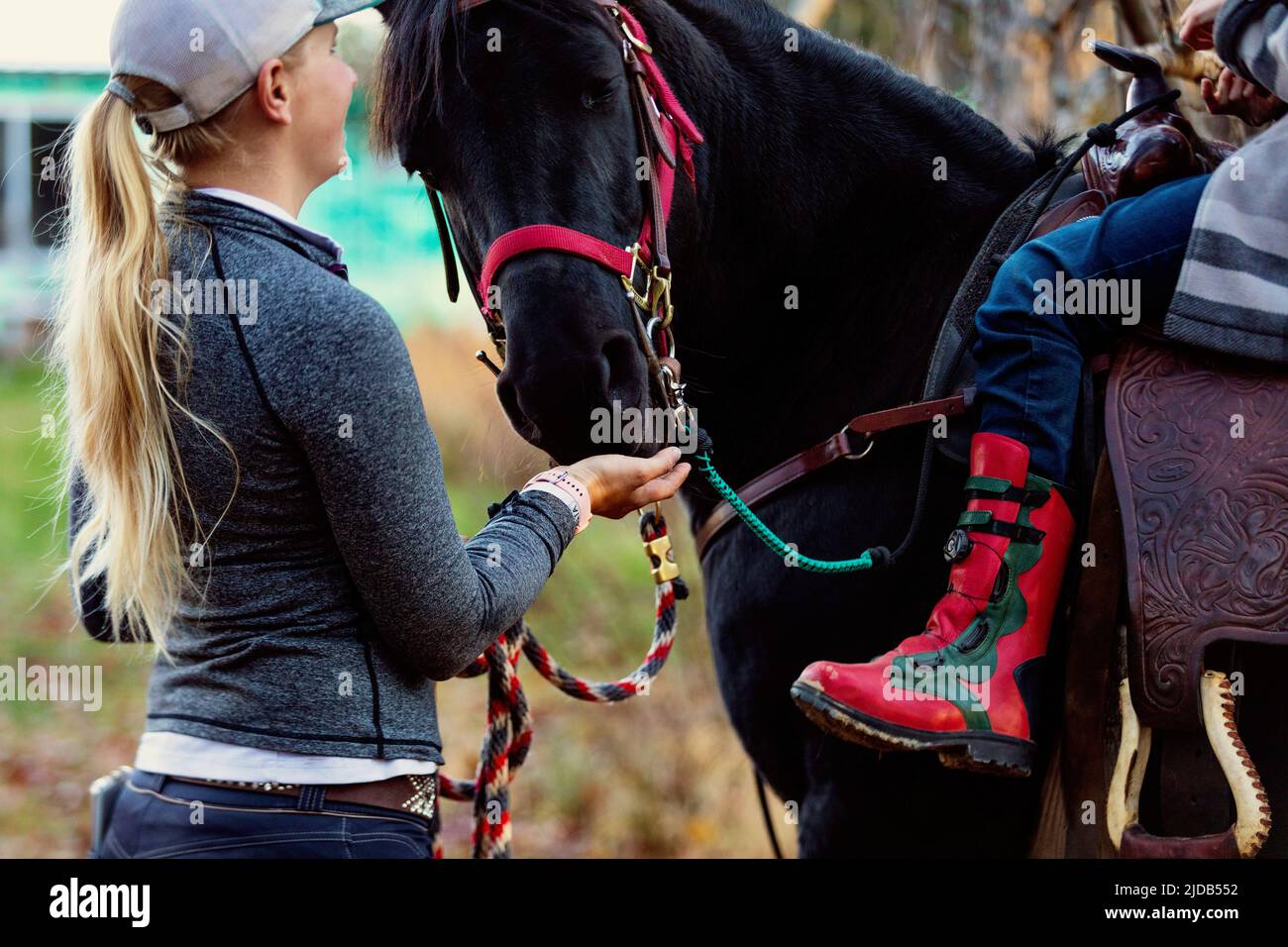 Una giovane ragazza con la paralisi cerebrale e il suo allenatore si fermano per ricevere una delizia di mele per un cavallo durante una sessione di ippoterapia; Westlock, Alberta, Canada Foto Stock