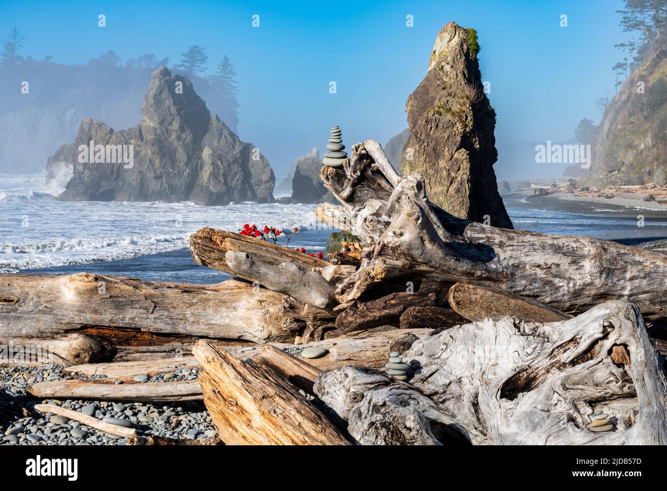 Un cairn di rocce impilate sulla cima di un fiume di mare con macchie di mare e onde dell'Oceano Pacifico sullo sfondo a Ruby Beach sulla penisola olimpica... Foto Stock