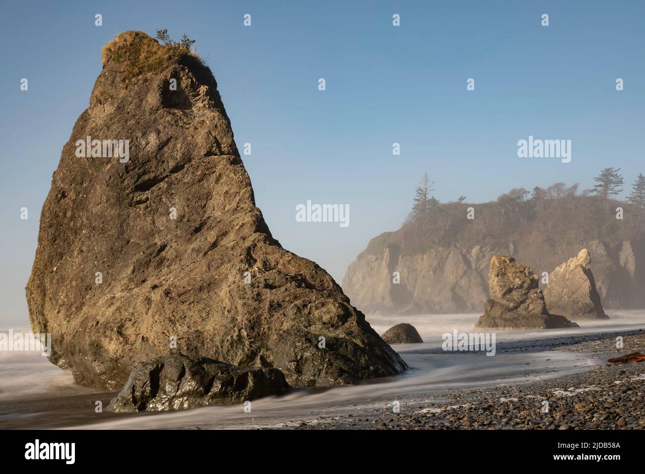 Sea Stacks a Ruby Beach sulla penisola Olympic nell'Olympic National Park sulla costa di Washington. La formazione rocciosa vicina sembra una Walrus rea... Foto Stock