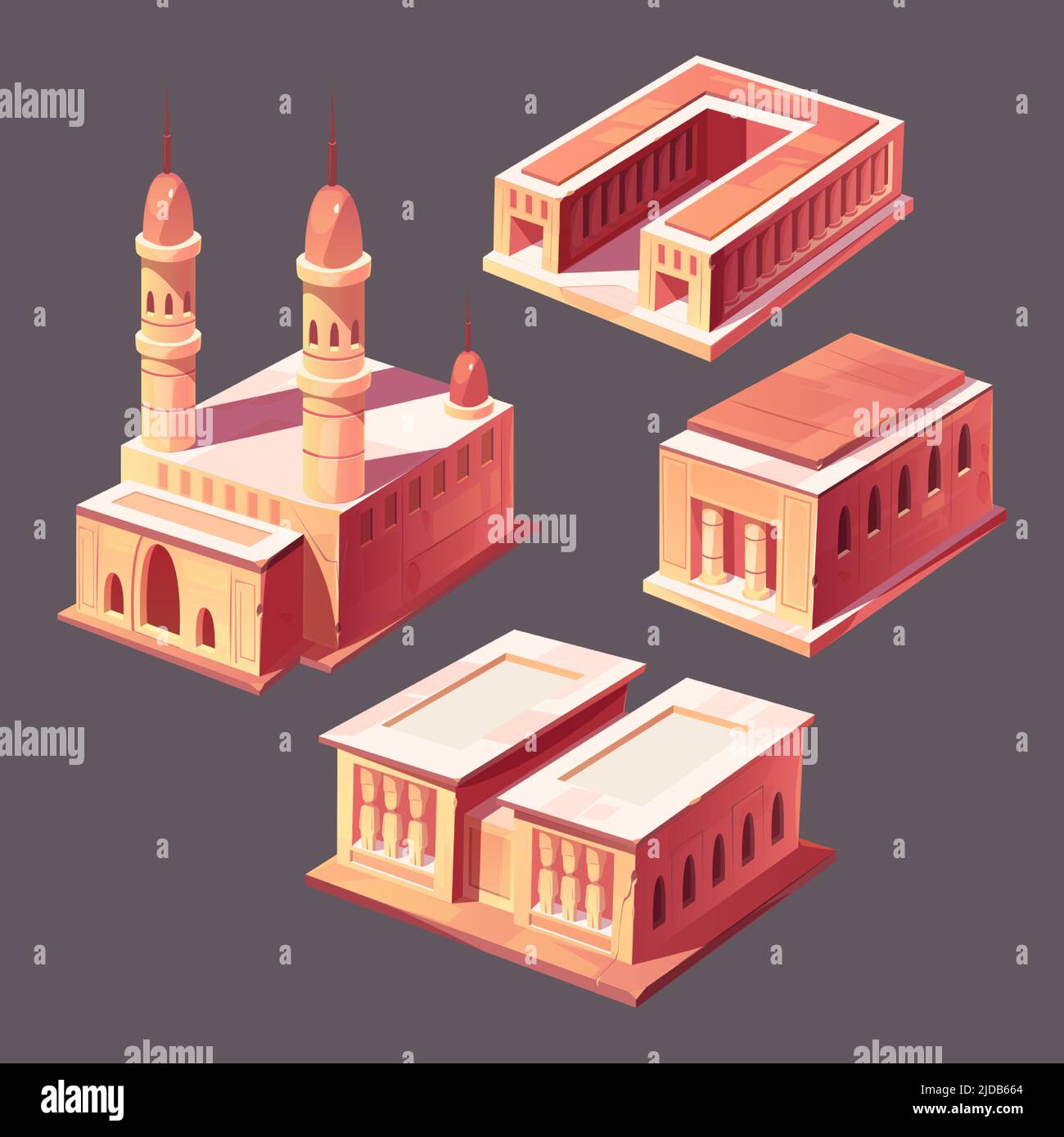 Egitto edifici isometrici vettore icone set. Tempio con torre e palazzo con piazza, case, elementi di paesaggio della città egiziana, antichi monumenti architettonici isolati sullo sfondo Illustrazione Vettoriale