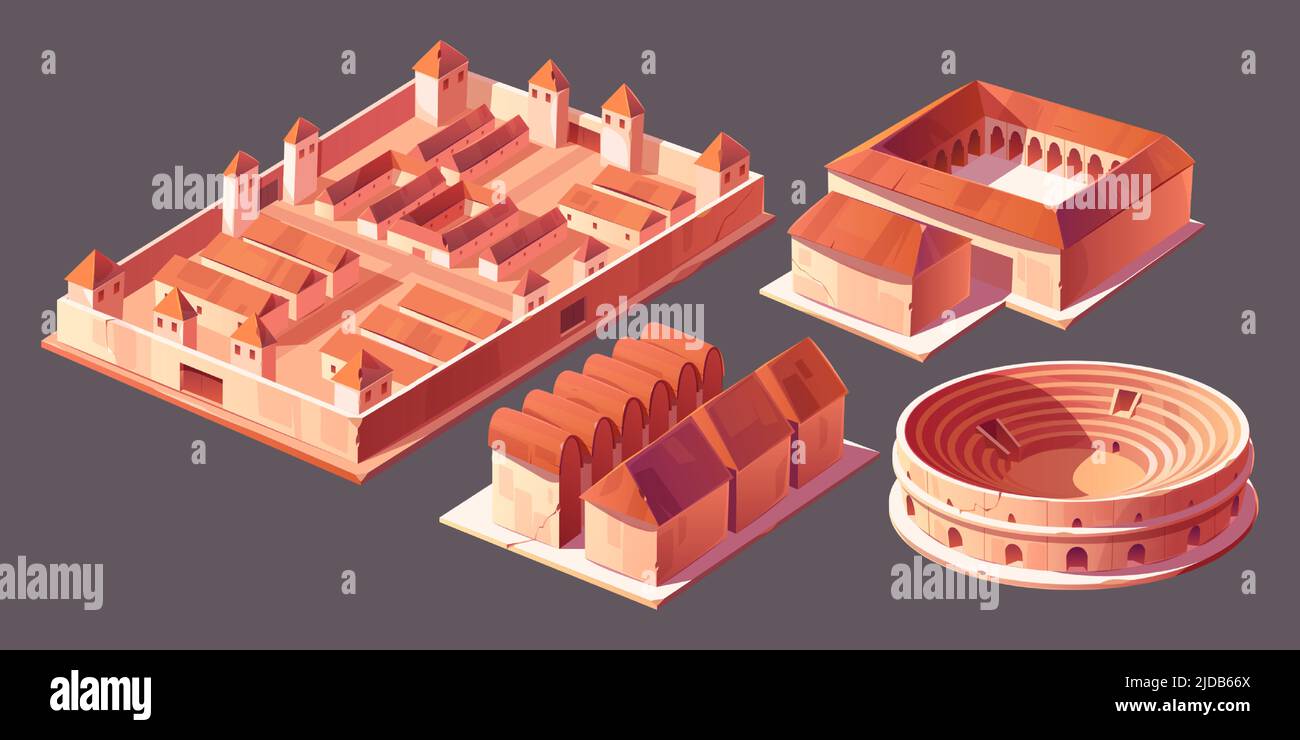 Roma edifici isometrici vettore icone set. Castra o castrum, campo militare antico per legioni, taberna o antico negozio o stalla, punto di riferimento della città vecchia, monumenti di architettura isolati sullo sfondo Illustrazione Vettoriale