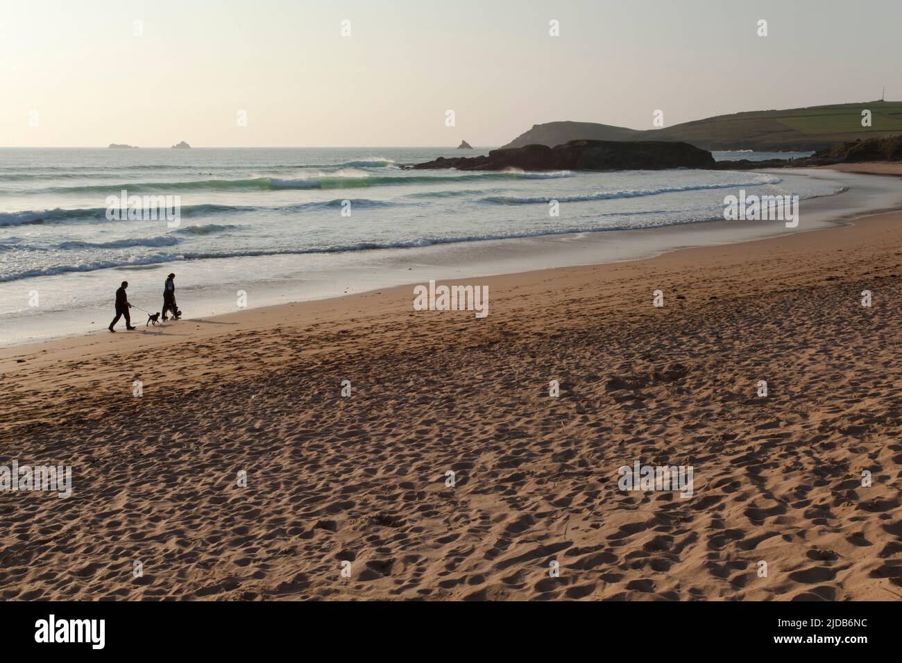 Camminando con il cane lungo Constantine Bay, vicino Padstow, Cornovaglia, Gran Bretagna; Cornovaglia, Inghilterra Foto Stock